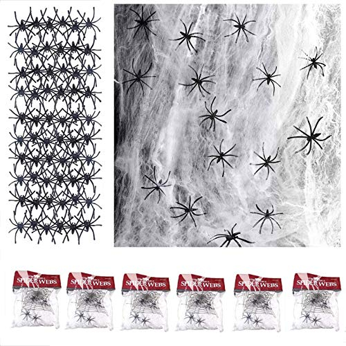 FINEVERNEK Halloween Deko Spinnennetz, Halloween Dekoration Indoor Outdoor Spuk, Halloween Deko Gruselig Dekoration Halloween Party für Garten Draußen Spinne, 120g mit 60St Plastik Spinnen