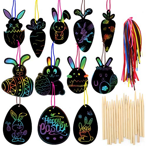HOWAF 36 Stück Ostern Kratzbild für Kinder, Osterei Osterhase Kratzbilder Osterdeko Ostern Kratzpapier Bastelset Ostern Geschenke Kinder Kleine Ostergeschenke Mitgebsel, mit Holzstiften Bändern