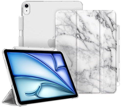 Fintie Hülle für iPad Air 11 Zoll M3 2025/M2 2024, iPad Air 5 2022/4 Generation 2020 10.9 Zoll mit Stifthalter, ultradünne leichte Schutzhülle Case mit transparenter Rückseite, Marmor Weiß