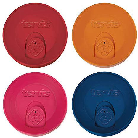 Tervis Travel Lid Made in USA Double Walled Insulated Tumbler Travel Cup Keeps Drinks Cold & Hot, Fits 16oz Tumblers - 4pk, Assorted Red Orange Fuchsia Navy