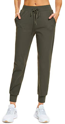 Libin Jogginghose Damen Sporthose Lang Trainingshose Leichte Freizeithose Yogahose Joggpants Stretch Sweathose Laufhose Stoffhose Elegant für Frauen mit Taschen Olivgrün S