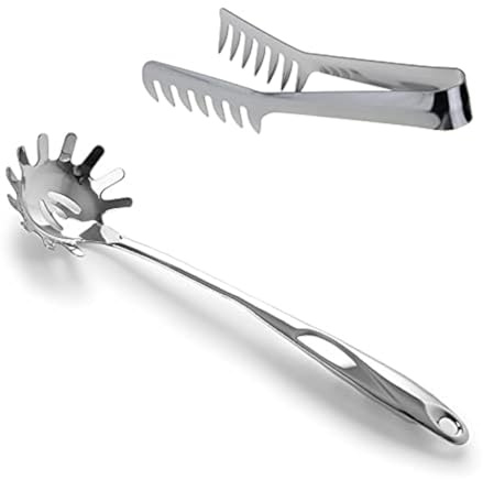 HornTide Set de Servidor de Pasta de Acero Inoxidable 1x Tenedor de Servir de 20cm 1x Cuchara de Espaguetis de 32cm Teethed Ends Design