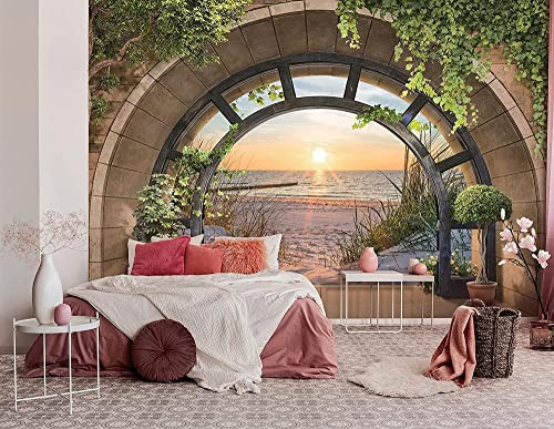 XiuTaiLtd Fototapete 3D Effekt Strand Meer Fenster Mit Aussicht Natur Ausblick Wohnzimmer Schlafzimmer Seide Tapete Inklusive Kleister Wandtapete-450x315 CM
