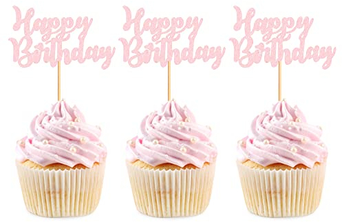 Blumomon 24Pcs Happy Birthday Cupcake Toppers Pink Glitter Birthday Cake Decorations Picks for Celebrating Birthday Party Decorations Supplies