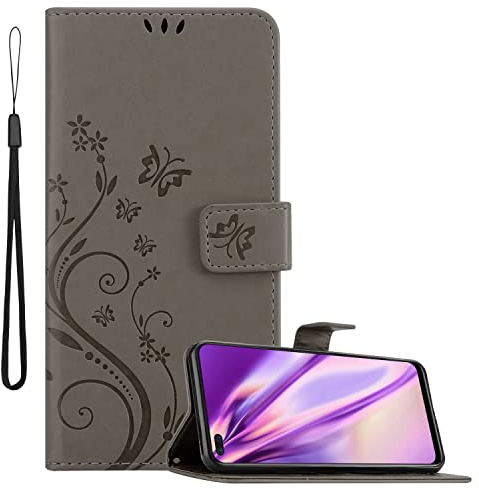Cadorabo Hülle kompatibel mit Realme 6 PRO Blumen Design aus Premium Kunst Leder Flip Klappbare Stoßfeste Magnetische [Standfunktion] [Kartenfächern] Cover Hülle für Realme 6 PRO Tasche in Grau