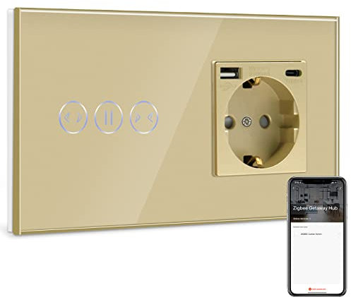 BSEED Normal Steckdose mit Smart ZigBee Vorhang Lichtschalter Kompatibel mit Alexa,Google Home, 1 Fach 1 Weg Lichtschalter mit Doppel USB Steckdose (Max. 2.1A) Typ C Port Golden (Tuya Hub benötigt)