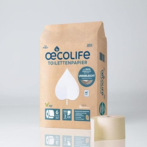 oecolife Toilettenpapier UNGEBLEICHT, 3-lagig, 6 Rollen á 150 Blatt, superweich, plastikfrei verpackt, vegan, nachhaltiges Klopapier