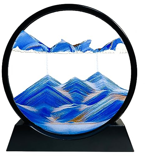 SANDCLE Peinture de Sable Mobile - Cadre Sablier, Images de l'art du Sable en Mouvement, Sable Dynamique dans un Verre Rond, 3D Sable de Paysage pour le Bureau Maison Décoration(Bleu, 12 Pouces)
