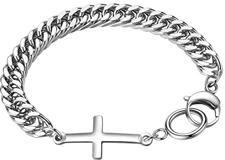 JewelryWe Schmuck Armband Herren Kreuz Panzerkette Armkette Edelstahl Kubanische Kettenarmband Panzerarmband Geschenk für Männer Silber
