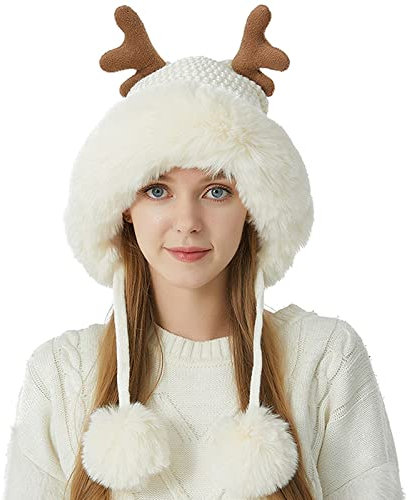 Mütze Schal Set Damen Braun Warm lined beanie + scarf with teddy fleece lining with woven pattern, winter hat, one size for men and women (4A)