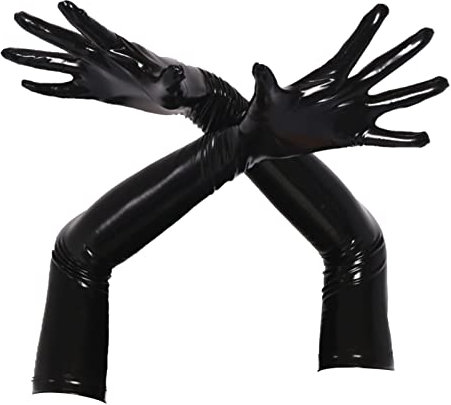 Alvivi Damen Lange Handschuhe Wetlook Kunstleder Handschuhe Metallic Fingerhandschuhe Tanz GOGO Party Clubwear A Schwarz XXL