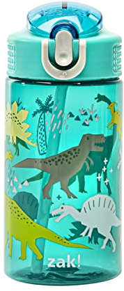Zak Designs Kids Water Bottle For School or Travel, 16oz Durable Plastic Water Bottle With Straw, Handle, and Leak-Proof, Pop-Up Spout Cover (Dinosaur)