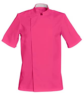 Veste de cuisine manches courtes col officier avec une poche stylo 1 Fermeture par pressions cachées taille XS à XXXL (Rose, S)