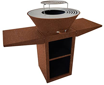 PUR LINE | Barbecue a carbone, legna o pellet in acciaio corten con piastra rotonda da 60 cm e griglia | Barbecue con supporto EFP57CO multifunzionale per esterni