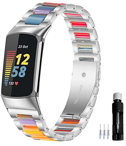 Gheper Harz Edelstahl Armband Kompatibel mit Fitbit Charge 6 / Charge 5 Smartwatch Armbändern Ersatz Metallarmband für Damen und Herren
