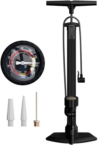 unycos - Bomba de Bicicleta de Pie con Manómetro de Alta Presión y Válvulas【Presta | Schrader】 160 PSI/11 Bar | Inflador de Bola, Neumáticos, Pelotas y Anillos de Natación, 63x23 cm (Negro)