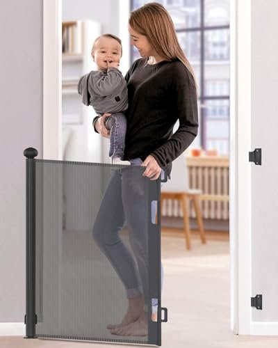 Omesiry 0-140cm Barrière de Sécurité Rétractable, Barriere Retractable pour Bébés Enfant et Chiens, Barriere de Securite Enroulable pour Escaliers, Barriere Chien Opération à Une Main, Noir