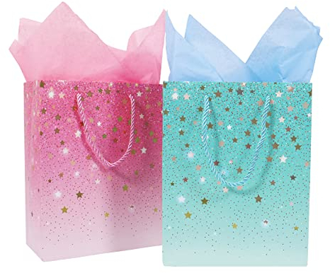 2 Stück Geschenktüten 23× 18× 10cm Geschenktasche Papiertüten mit Henkel, Geschenktüten Geburtstag für Geburtstag Hochzeit Feier Party Weihnachten(Blau, Rosa)