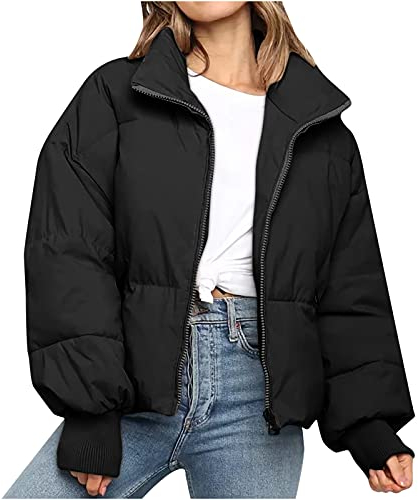 Dyhxuan Winterjacke Damen Winter Warm Daunenjacke Lässig Einfarbige Kurz Übergangsjacke Langarm Umlegekragen Pufferjacke Wintermantel mit Reißverschluss Jacken Teenager Mädchen Trend Outdoorjacke