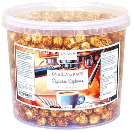 Everly Grace Popcorn – Espresso Euphoria, 600 g – Cubo de palomitas con caramelo dulce y verdadero espresso, hecho a mano en Alemania