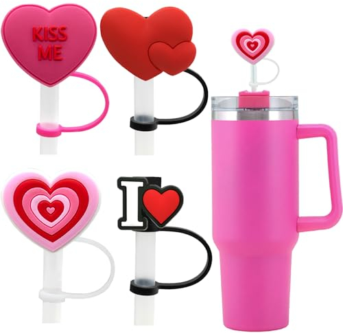 Stanley Cup Accessories - Bicchiere con manico, 1184 ml, 850,5 g, con tappo in paglia a forma di cuore, copertura in paglia rossa e rosa, per Yeti, regalo di compleanno e San Valentino per ragazze e