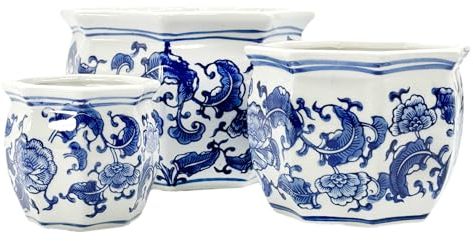 Galt International Lot de 3 pots de fleurs en porcelaine cannelée bleu et blanc - Petit, moyen, grand - Design chinois asiatique
