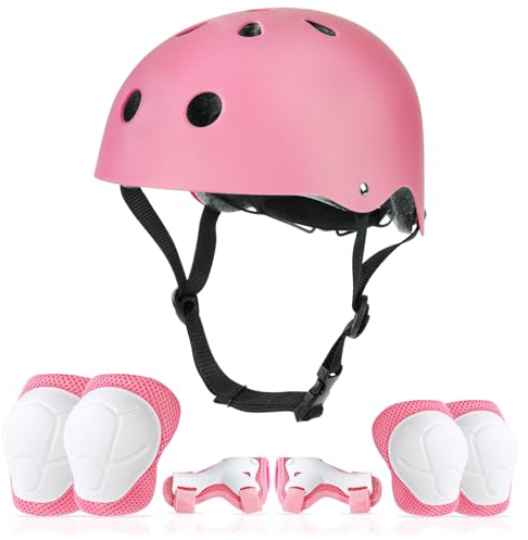 flintronic 7PCS Casco y Protecciones Ajustable Infantiles Set para Niños de 2 a 13 Años, Conjuntos de Patinajes Niños Protecciones, Set Rodilleras Casco, Coderas y Muñequeras - S Rosa
