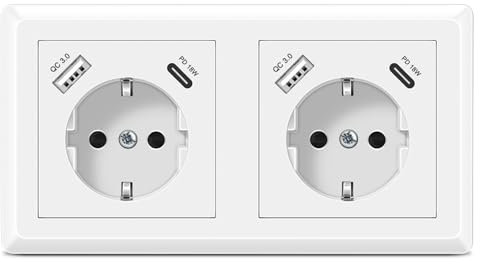 Kaifire USB Steckdose PD 18W Schuko Doppelsteckdose mit 2 USB Anschluss und 2 Typ C System 55 Schutzkontakt Unterputz Steckdose mit Rahmen Wandsteckdose Passt in Standard 2-fach Unterputzdose