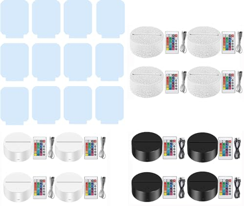 12 Piezas 3D LED, Night LED Light Base Ajustable 16 Colores con Mando a Distancia y Cable USB, para Dormitorios, Cafeterias, Restaurantes incluye placa Metacrilato (Blanca_Negra_Crak4+4+4, )