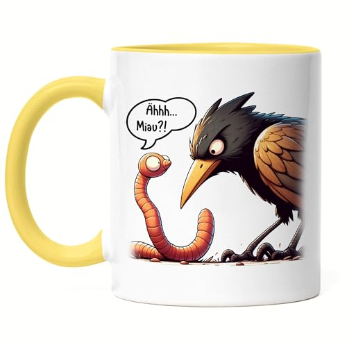 Hey!Print Ähh Miau?! Vogel und Regenwurm Tasse Gelb - Humorvoller Spaß
