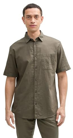 TOM TAILOR Herren Regular Fit Kurzarmhemd mit Leinenanteil, 32097 - Smokey Olive Green, M