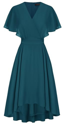 Damen V-Neck Kleid Cape Ärmel A-Linie Chiffon Kleider Flowy Hochzeit Cocktailkleid Pfauenblau 38
