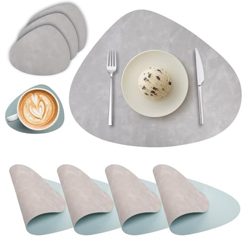 Tischsets Abwaschbar und Untersetzer, Leder Platzsets Rund Doppelseitigen Abwischbar Hitzebeständig rutschfest Platzdeckchen Tischsets Lederoptik 4er Set (Hellgrau Hellblau)