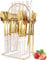 Ensemble de Couverts en or, Ensemble de Couverts de 24 Pièces avec Support en Argenterie, Avec en Acier Inoxydable, Service pour 6 Personnes, Ensemble de Vaisselle D'ustensiles de Cuisine (Blanc)
