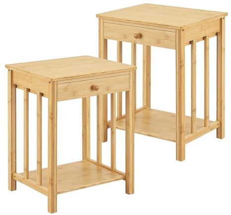 [en.casa] Beistelltisch 2er Set Ranua Wohnzimmertisch 51 x 40 x 35 cm Nachttisch Sofatisch mit Schublade Nebentisch Kaffeetisch mit Ablage Bambus Naturfarben