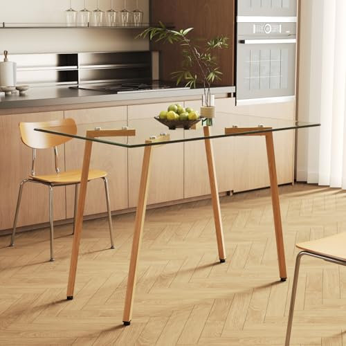 Mesa de comedor rectangular de cristal de 110 x 70 x 75 cm, con tapa de cristal macizo y elegantes patas de acero, adecuada como mesa de cocina o mesa de salón. Mesa moderna para 4-6 personas.