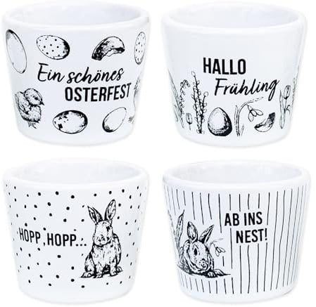 Papierdrachen - 4er Set Eierbecher Porzellan - Frühling & Ostern - mit Motiv innen - Osterdeko - Weiß Schwarz - Eierhalter