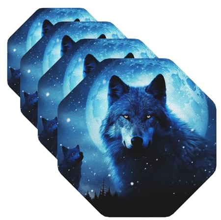 Untersetzer aus PU-Leder für Getränke, 4 Stück, Wolfs-Untersetzer für Tischschutz, moderne Getränkeuntersetzer für Couchtisch, achteckige Untersetzer für Heimdekoration, 10,2 cm, Tassenmatte