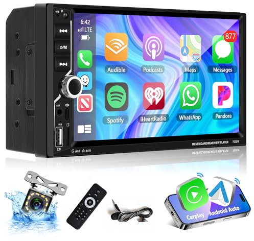 Podofo Wireless Carplay Android Auto 2Din Autoradio, 7 pollici HD Touchscreen Bluetooth Car Radio, Stereo Auto Support MirrorLink/FM/USB/AUX/Carica/Remote Control/7 Colore Backlight + Rear Camera