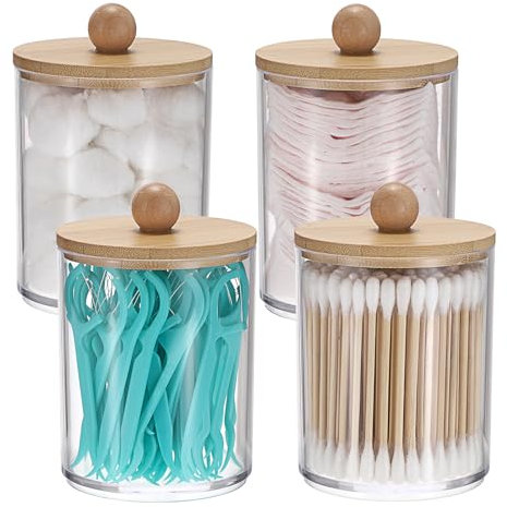OGANAZI 4Pcs Wattestäbchen Box Acryl Schminktisch Organizer Wattepads Behälter mit Bambus Deckel Klar rund Aufbewahrungsboxen für Beauty-Ei, Zahnseide, Tampon, Süßigkeiten, Schreibwaren, Schmuckstück