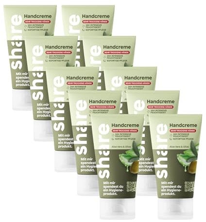 share Handcreme Aloe Vera & Olive 10x75ml | Vegane 24h Feuchtigkeitspflege für trockene Hände | Spendet ein Hygieneprodukt | Handlotion