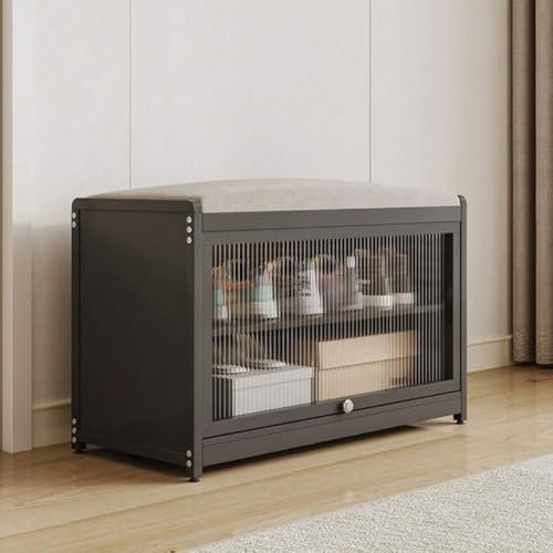 BAKAJI Zapatero con Asiento y 2 Compartimentos Interiores, Ahorra Espacio, Mueble con Puerta Transparente y Base Antideslizante para Entrada, Dormitorio, Entrada, 70 x 32 x 45 cm (Negro)