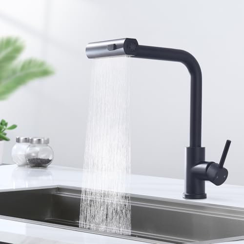 HOMELODY Wasserhahn Küche Schwarz, Küchenarmatur Ausziehbar mit 3 Strahlarten, Spültischarmatur mit Brause, Armatur Küche 360° Schwenkbar, Mischbatterie Küche Edelstahl