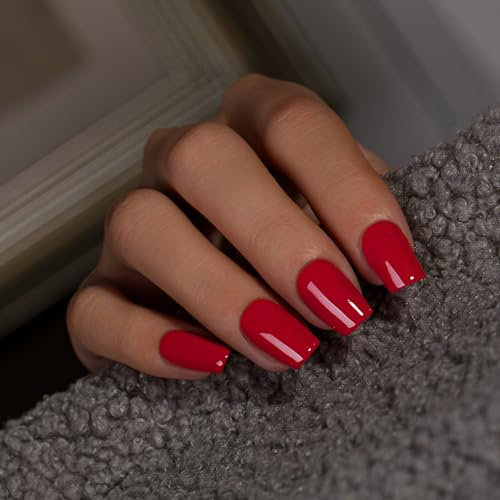 KQueenest Dark Red Press on Nails Short Medium Square, Short False Nails with Glue, Glossy Solid Wine Red Fake Nails Press ons, Natural Fit, Coffin Reusable Soft Gel Stick on Nail for Women 28 Pcs