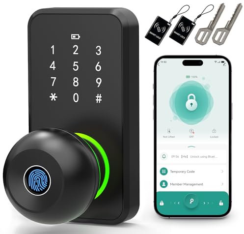 LinkThai Serrure de porte intelligente avec bouton, serrure à empreintes digitales sans clé avec clavier tactile, bouton électronique pour porte d'entrée, installation facile