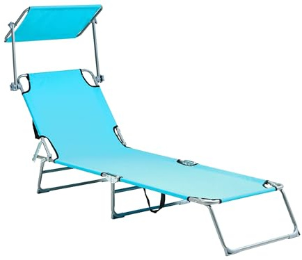 Beliani Outdoor Garden Patio Reclining Sun Lounger With Canopy Steel Foldable Turquoise, Foligno