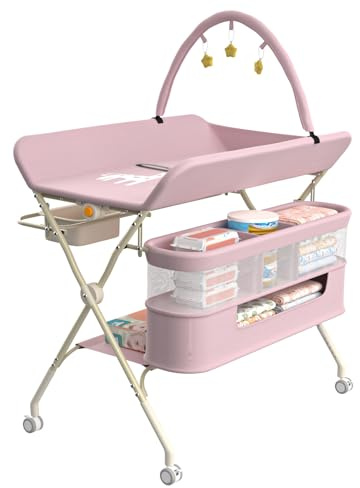 OHMG Table à Langer Portable et Pliable, Plan à Langer,5 Réglable en Hauteur, avec roulettes,Panier Latéral et Tige de Suspension,3 Jouets Étoiles,Jusqu’à 15 kg,Meuble pour Bébé,75x68x83-91cm
