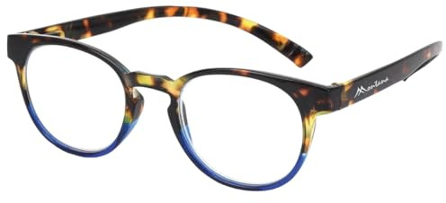 Moderne Lesebrille MNR1 aus hochwertigem Kunststoff mit Federscharnier und praktischer Nackenhalterfunktion (Havanna-Blau, + 1,00 dpt)
