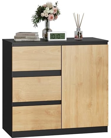 WLIVE Kommode mit 3 Schubladen 1 Tür, 80 x 75 x 40 cm, Schwarz Eiche | Schrank mit 2 Einlegeböden und 1 Tür, Für das Wohnzimmer Schlafzimmer, Modern Möbel, Sideboard