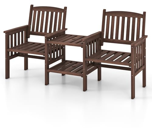 GOPLUS Gartenbank mit integriertem Tisch, 2-Sitzer, robuste Holzbank mit 2 Ebenen Tisch & Schirmloch, Sitzbank aus natürlichem Tannenholz für Terrasse, Balkon, Garten, Pool, 165 × 60 × 88 cm (Braun)
